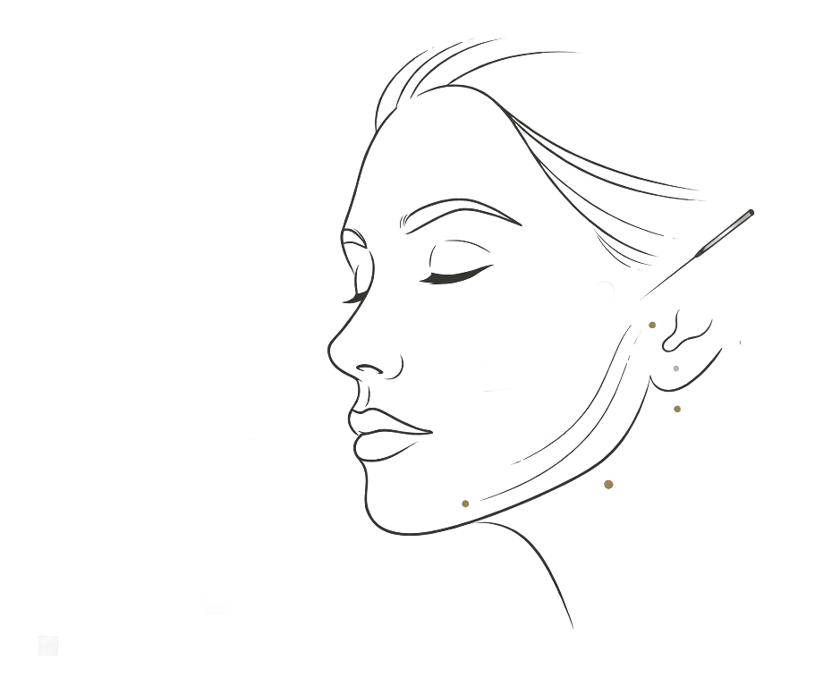 Line illustration of a face with acupuncture points marked along the jawline and cheek